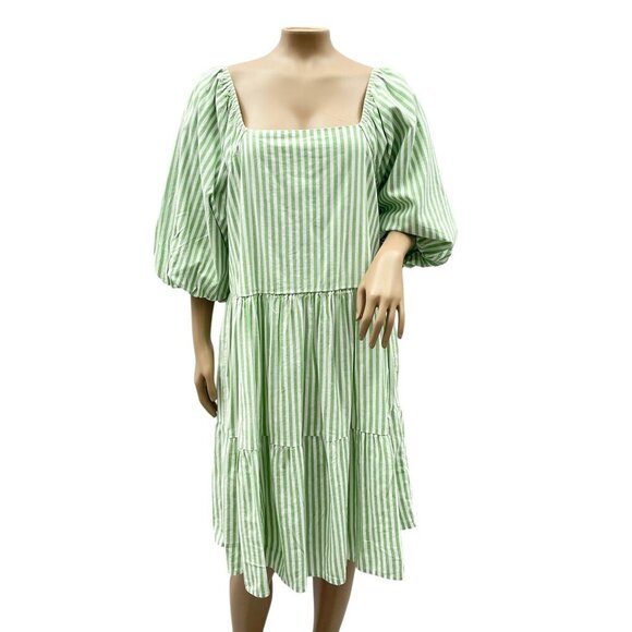 Beachlunchlounge Women Back Bow Babydoll Dress Balloon‎ Sleeve Striped Green L - Picture 4 of 15